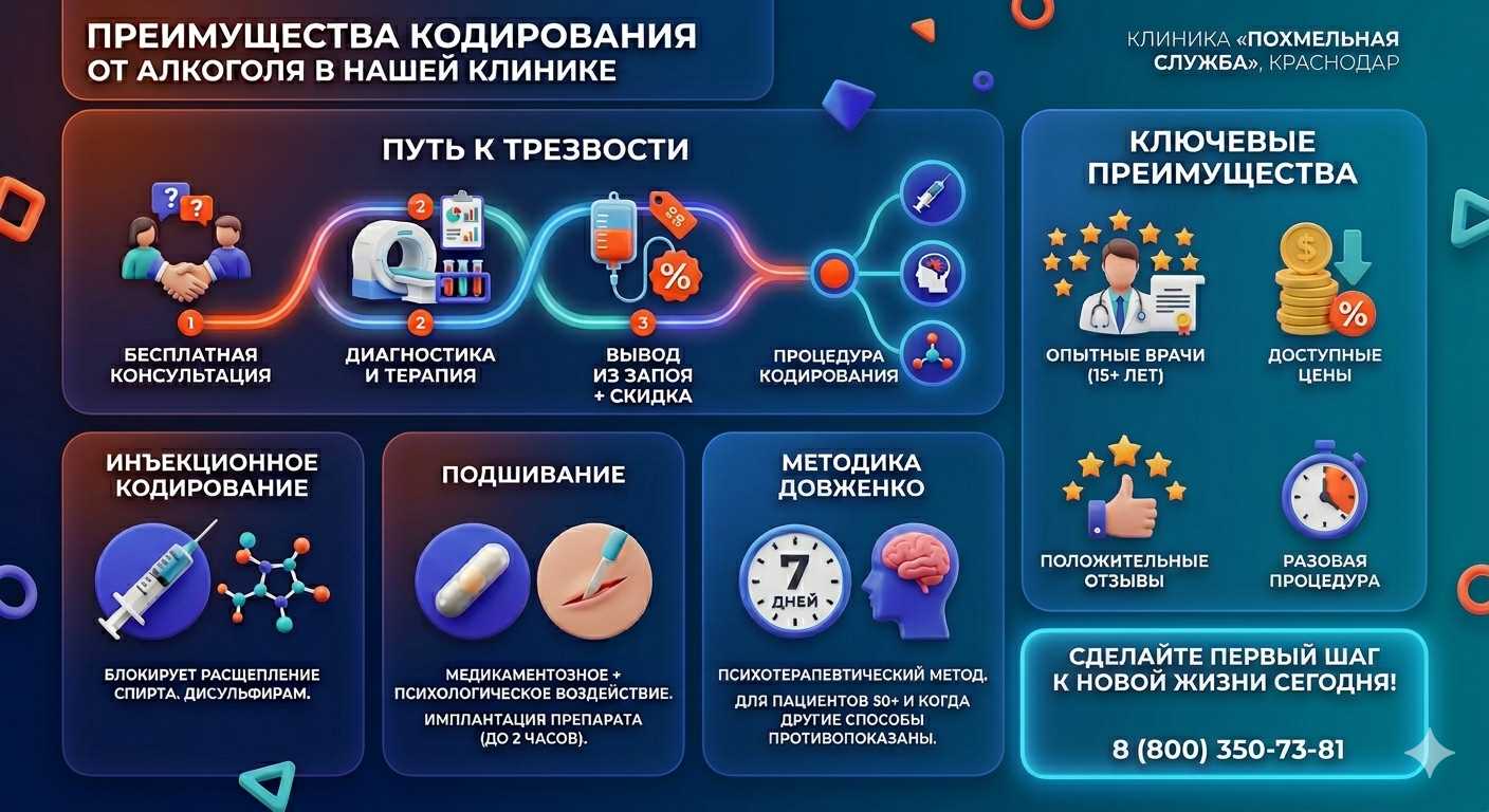 Инфографика о методах кодирования от алкоголя в Ленинградской: инъекции, подшивание, метод Довженко. Преимущества клиники и этапы лечения.